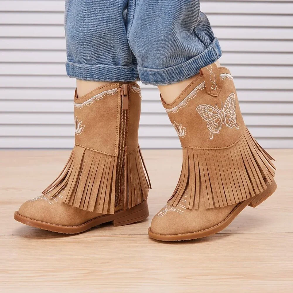⚡Girls 3-Camel Microfiber Little Kids Mid Calf Western Pointed Toe Riding Boots